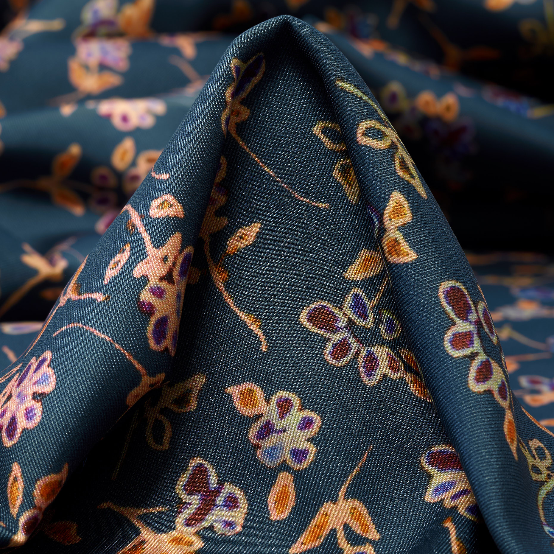 SATIN, PRINTED, FLORAL, SAXONY BLUE (F000040050)