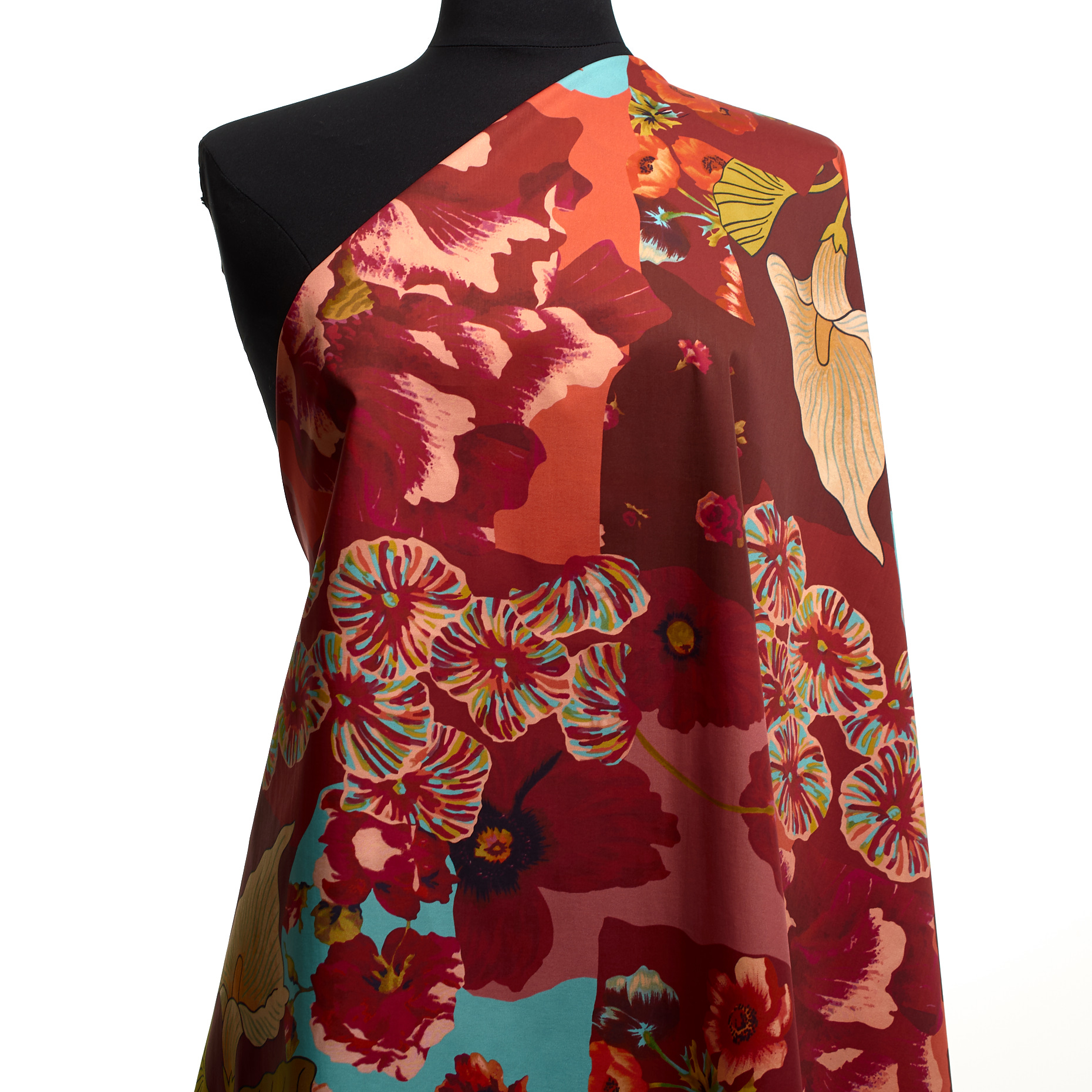 POPLIN, COTTON, FLORAL, CORAL&AQUA HAZE (T0000727) - Mannequin