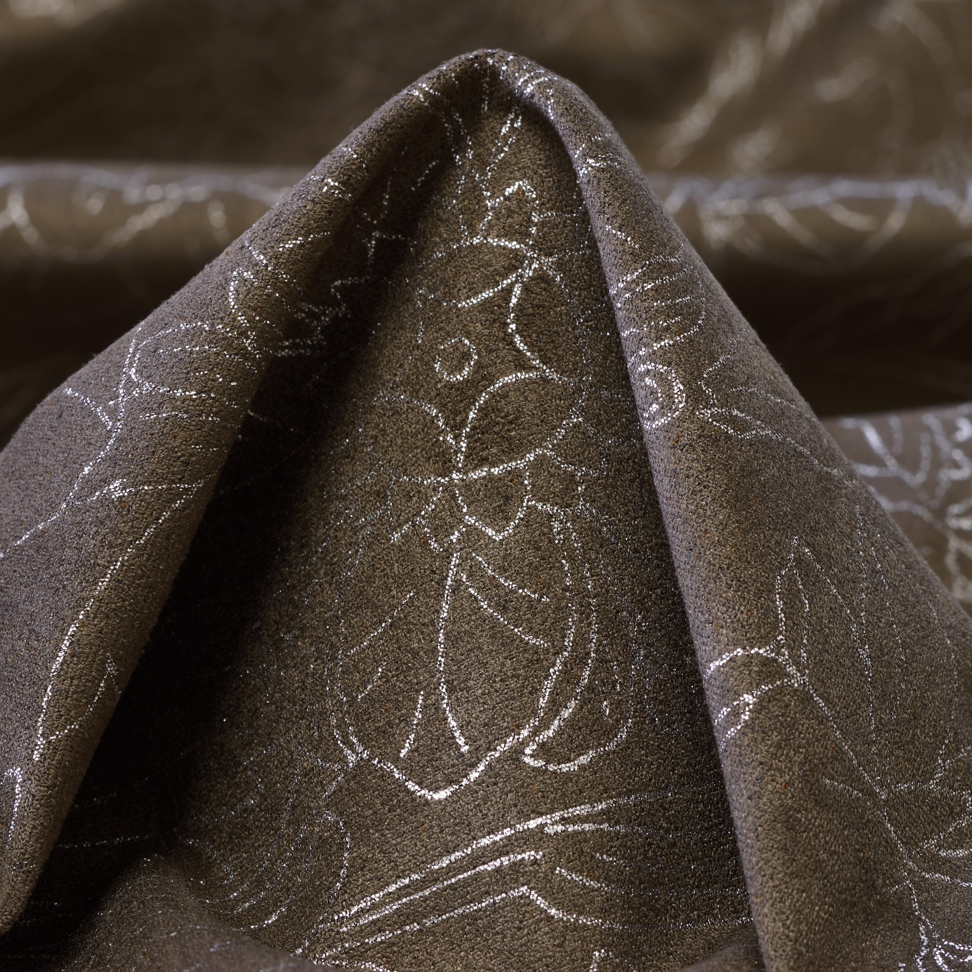 VEGAN LEATHER, SUEDE, FLORAL, BURNT OLIVE