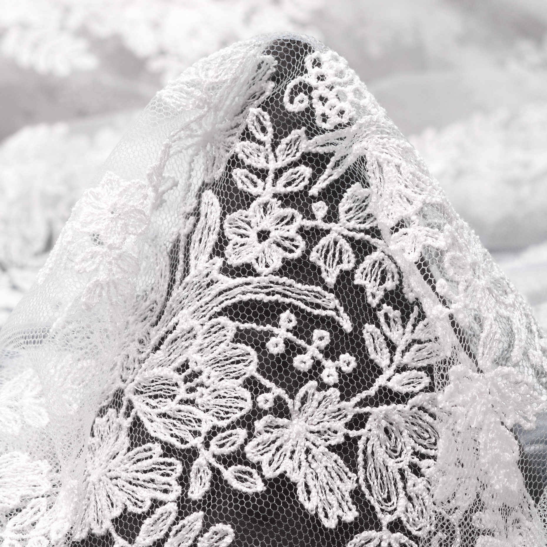 TULLE, EMBROIDERED, FLORAL, SNOW WHITE