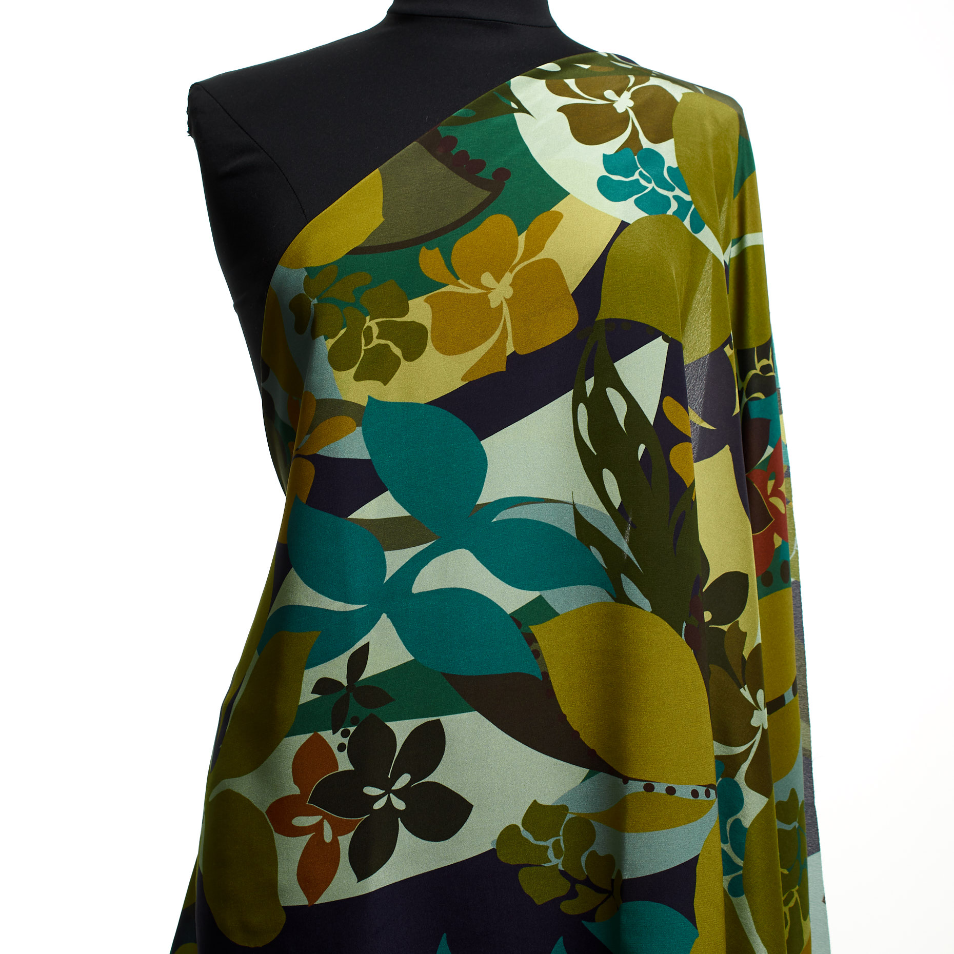 CRÊPE, SILK, PRINTED, GOLDEN CYPRESS&PURPLE VELVET (T0000621) - Mannequin