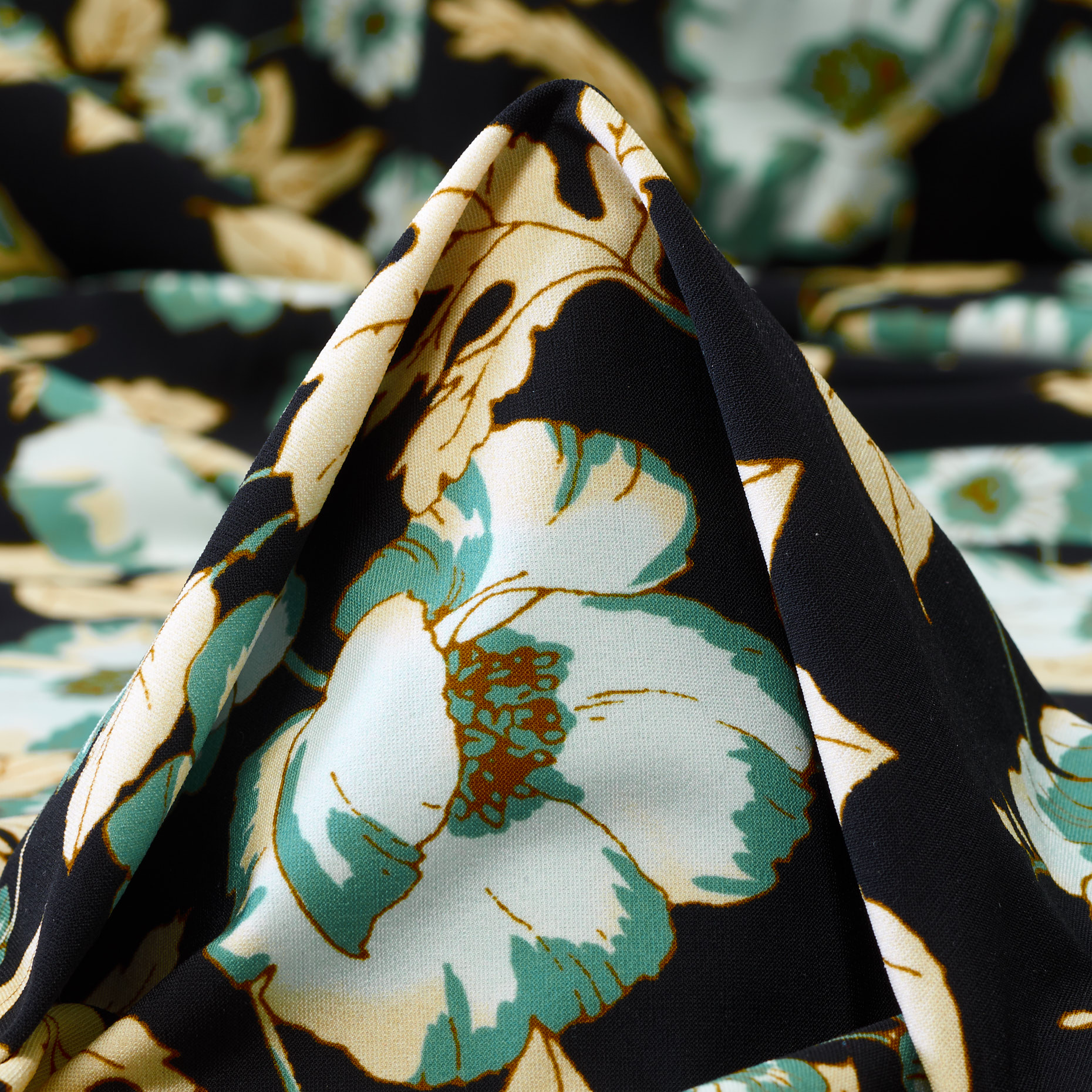 Techno Jersey, Floreale, Alta Elasticità, Turquoise&Raven Black (F000041294)