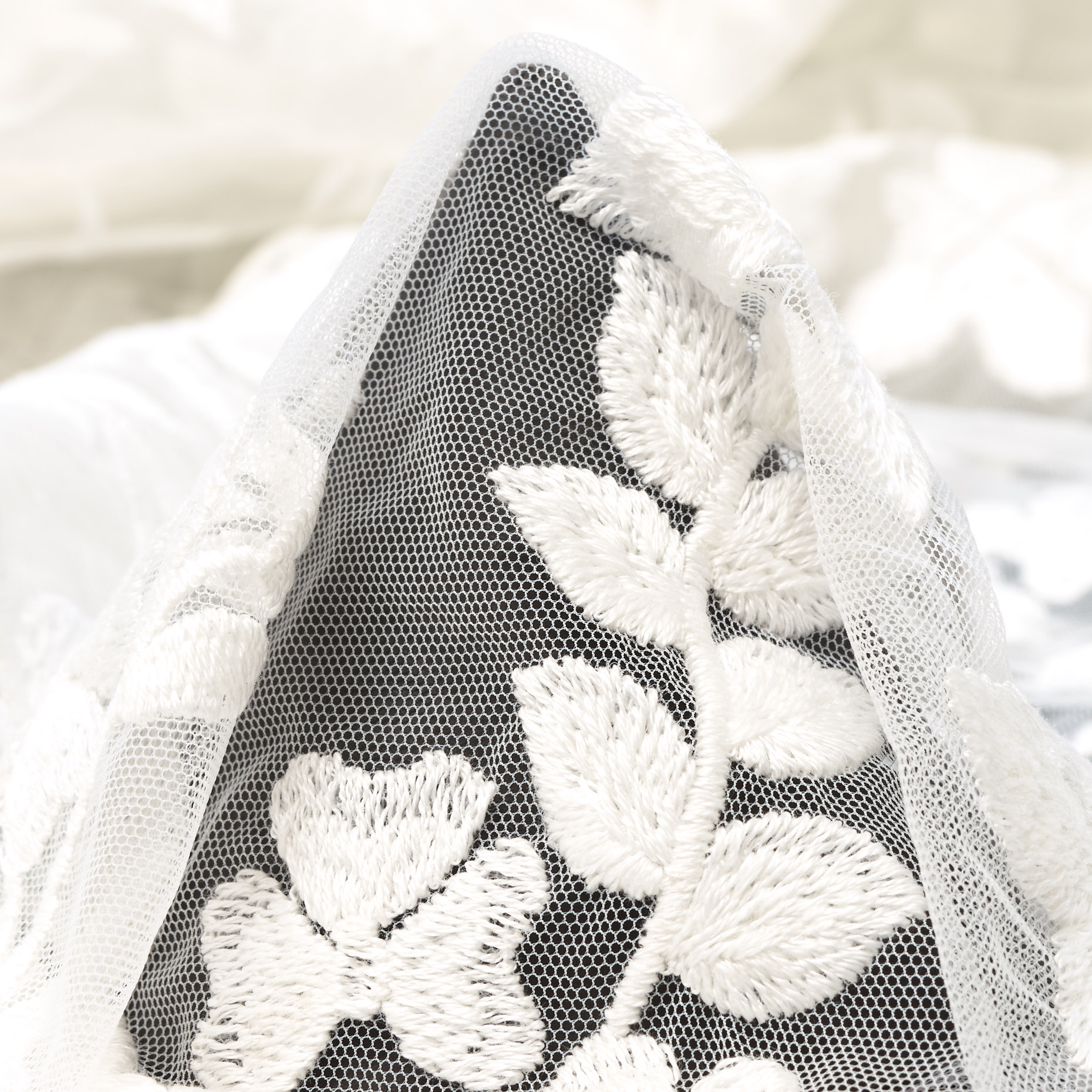 TULLE, EMBROIDERED, FLORAL, SNOW WHITE