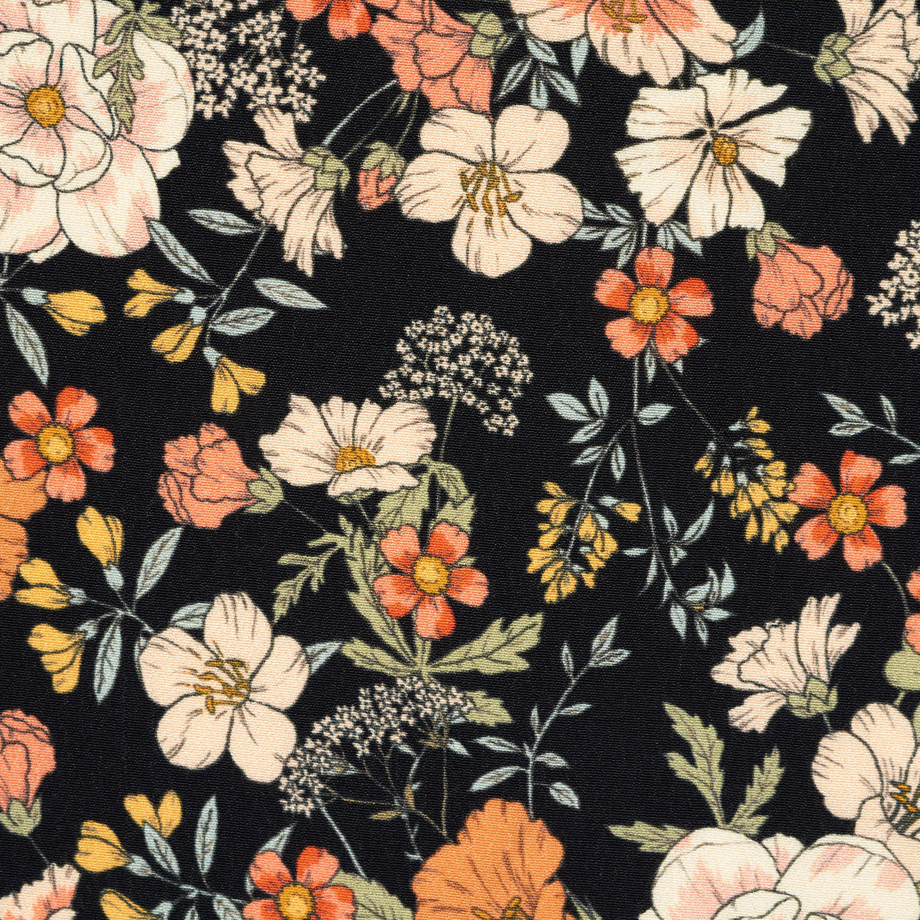 CRÊPE, VISCOSE, PRINTED, ORANGE JAM&RAVEN BLACK (F000040041) - Texture